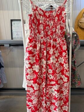 Red Floral Smocked Jumpsuit